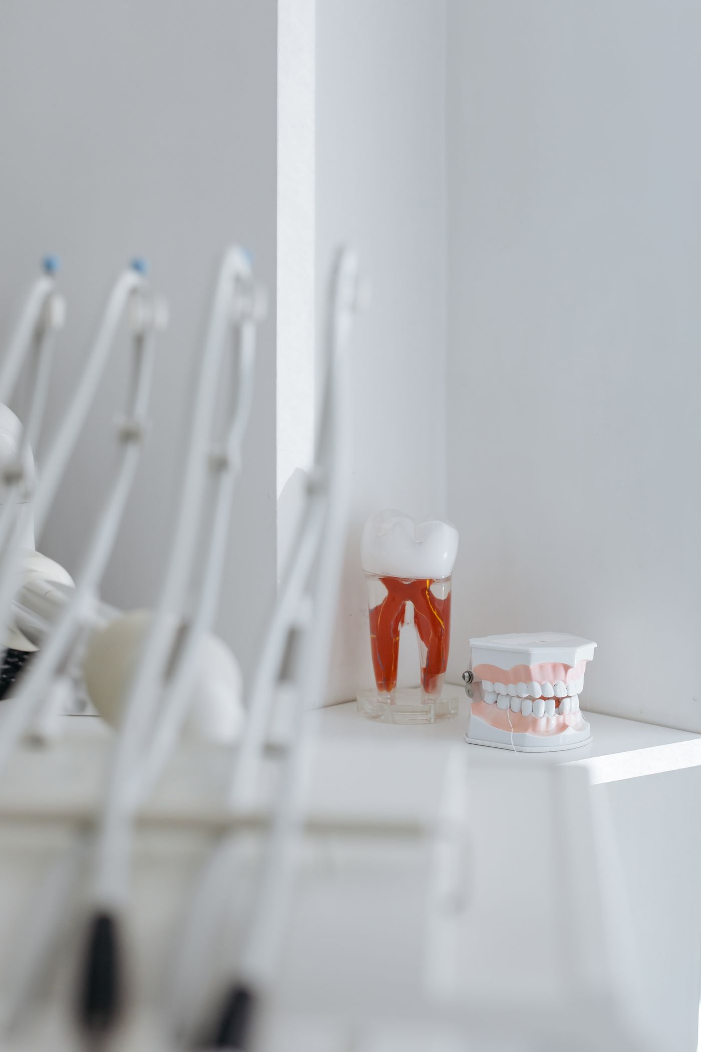 Dental instruments and a tooth model laid out in a treatment room